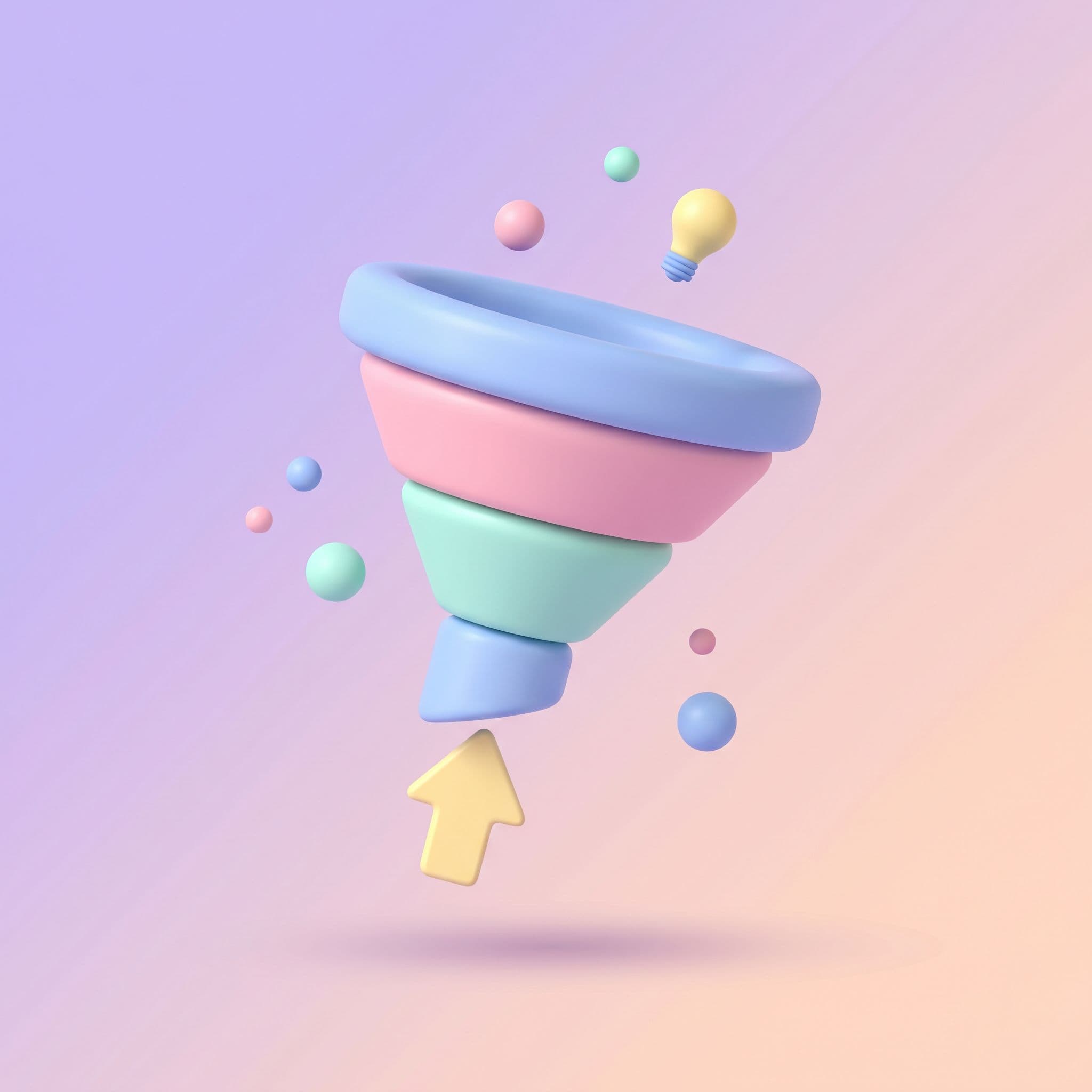 Revenue Lab illustration — a pastel 3D conversion funnel with an upward growth arrow